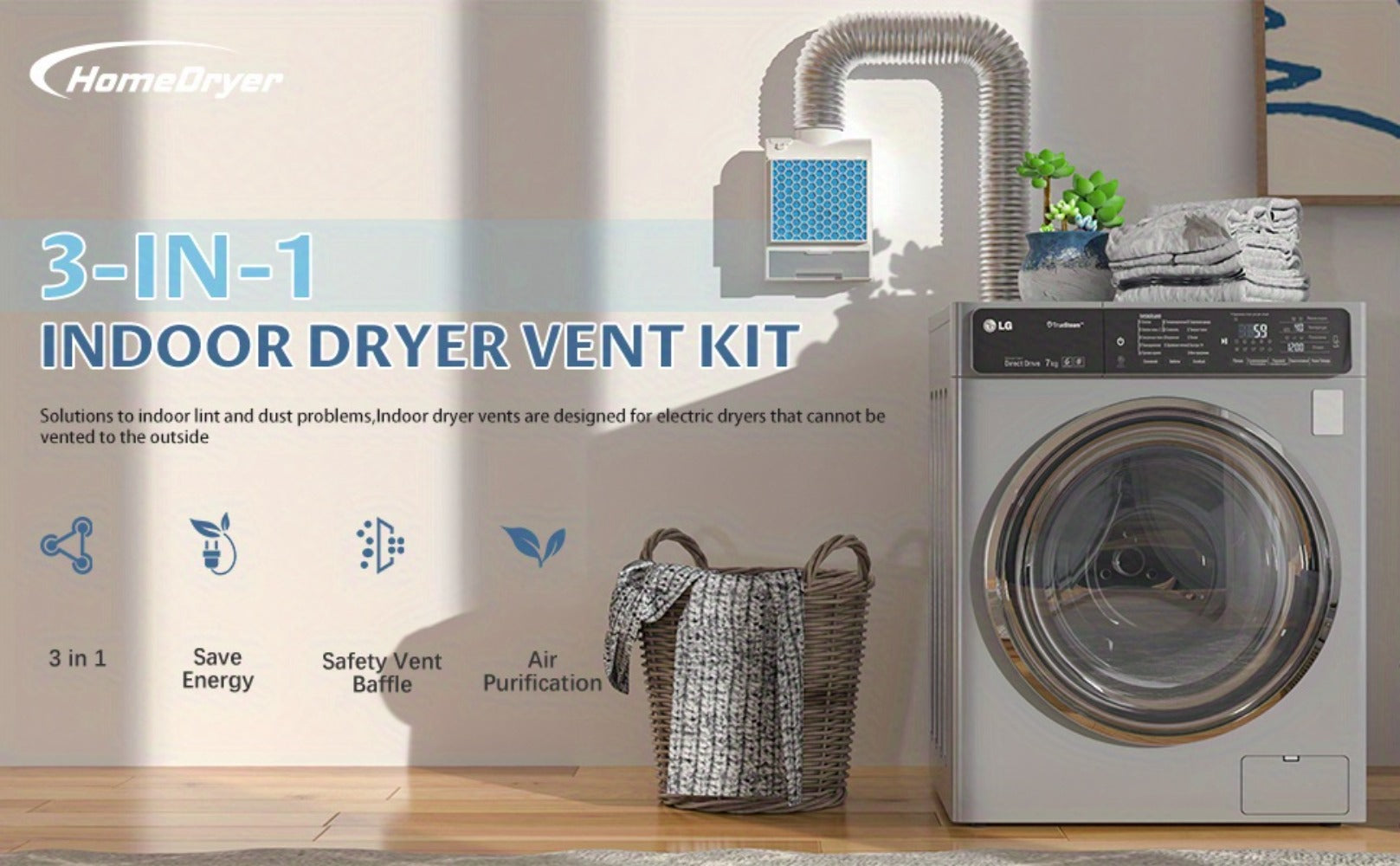 Indoor Dryer Vent Kit 3-in-1 Lint Trap Filter Box Stainless Steel Screen 6 Polyester Filters Reusable Washable Reduces Moisture Prevents Mold for Electric Clothes Dryers