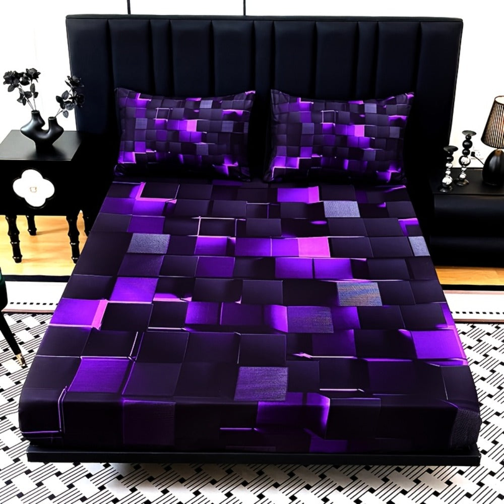 Fitted Sheet Set 3pcs Plaid Digital Print Deep Pocket 15¡± All Season Bed Sheet + 2 Pillowcases No Filling Twin Full Queen King