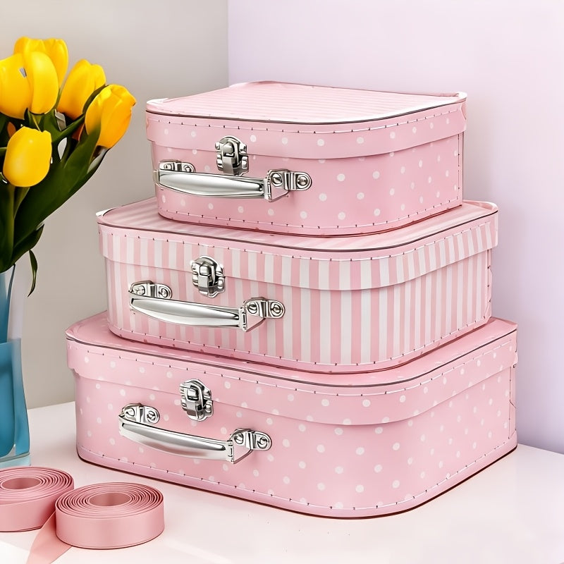 Vintage Cardboard Suitcase Set of 3 with Polka Dot Design & Lid - Decorative Storage Boxes for Wedding Party Favors Souvenirs Photos, Valentine Anniversary Christmas Gift Box