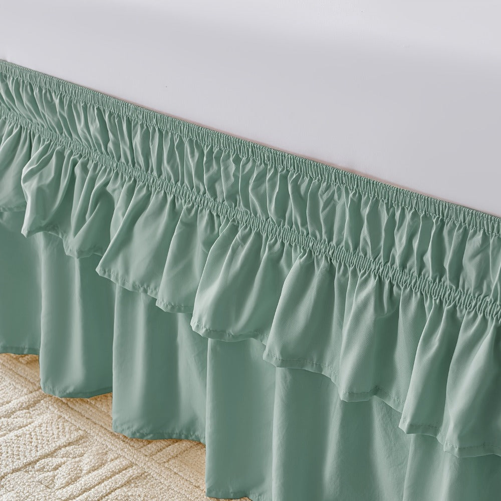 Double Ruffle Bed Skirt 16¡± Drop | Elastic Wrap Around Dust Ruffle for Twin Full Queen King Bed | Easy Install Machine Washable Soft Linen Poly Blend Bedskirt