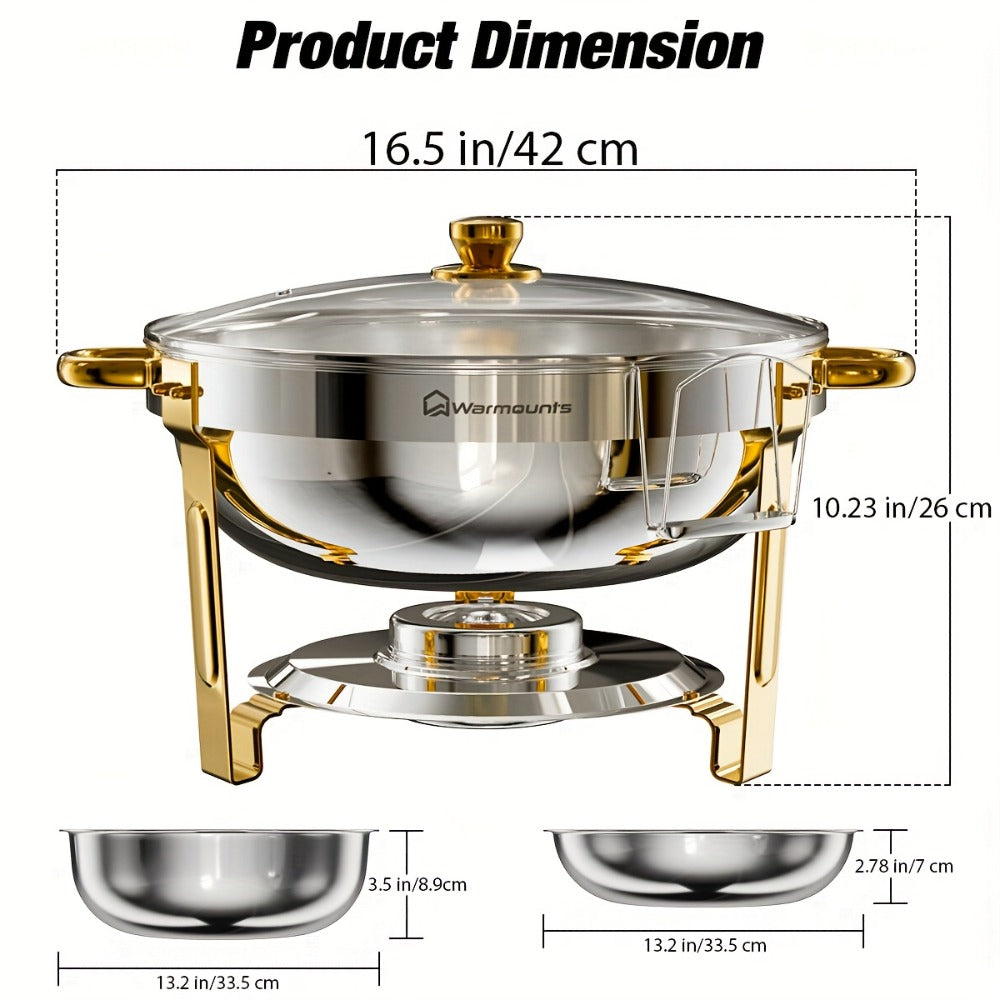 Gold Chafing Dishes Buffet Set 5QT Round Stainless Steel Food Warmer with Glass Lid Lid Holder Mirror Polished for Wedding Party Catering Events - 2 Pack or 4 Pack Chafer Buffet Server
