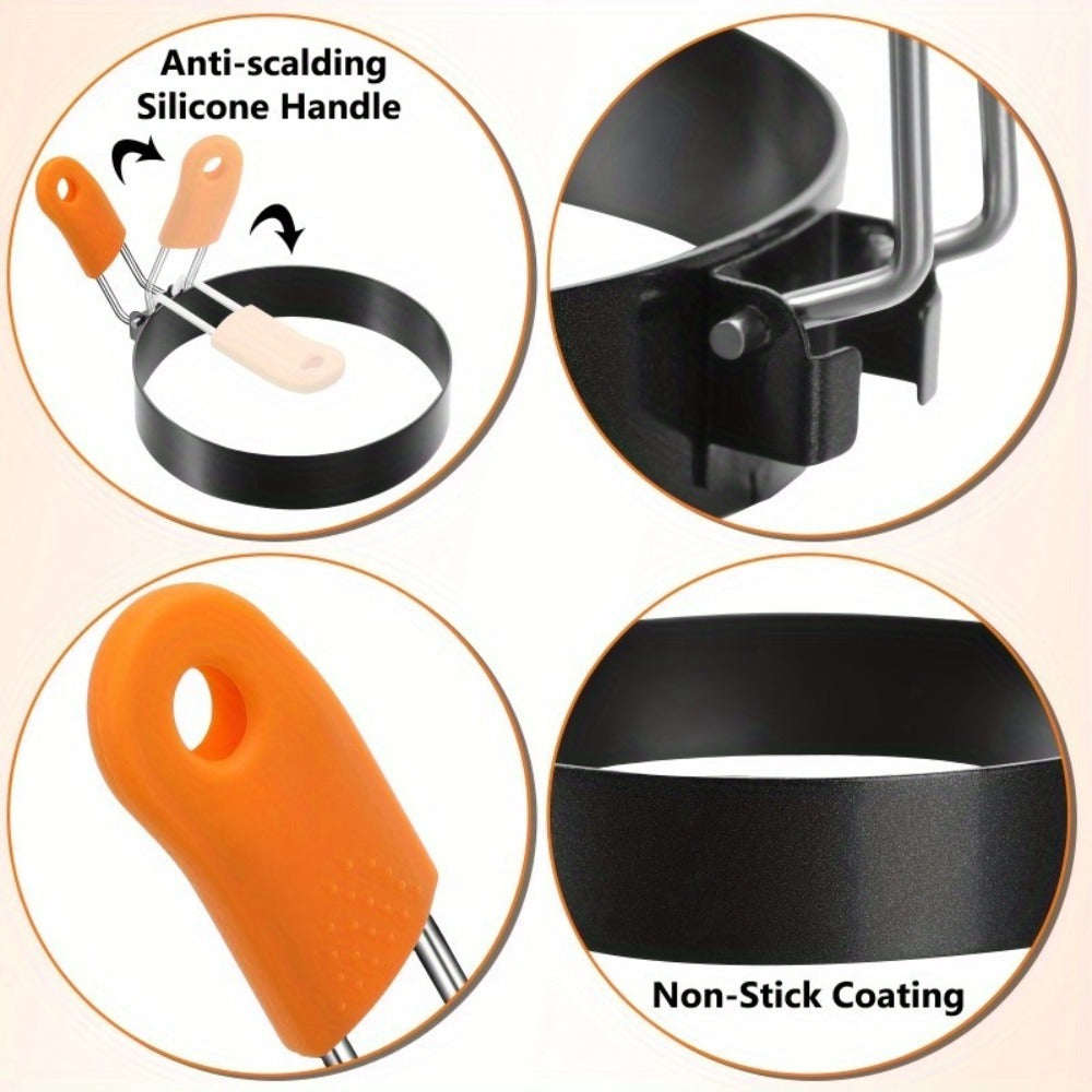 Egg Ring Set 6pcs Nonstick Stainless Steel Pancake Mold 4 Inch and 6 Inch Silicone Handle Round Griddle Shaper for Eggs Omelettes Pancakes Sandwiches Breakfast Cooking