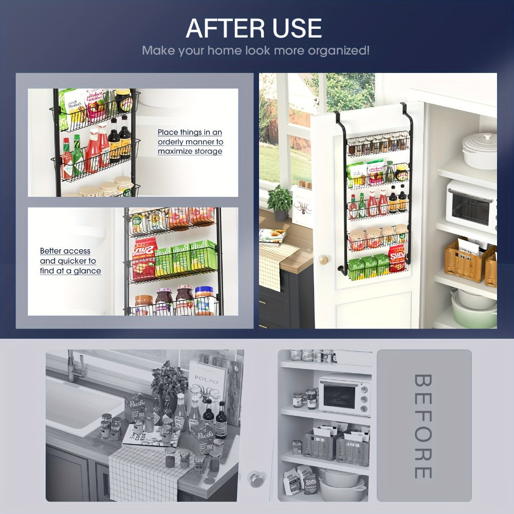 Over The Door Organizer - Heavy Duty Multi-Layer Pantry Storage Rack for Kitchen Bathroom Laundry Room, Space Saving Door Hanging Shelf, 6 or 8 Tier Metal Spice Food Storage Cabinet
