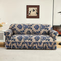 Stretch Sofa Cover with Skirt Design High Elasticity Anti-Slip Fixing Rod All Season Printed Slipcover Fits 1 2 4 Seater Sofa - Dark Blue with Matching Pillowcase