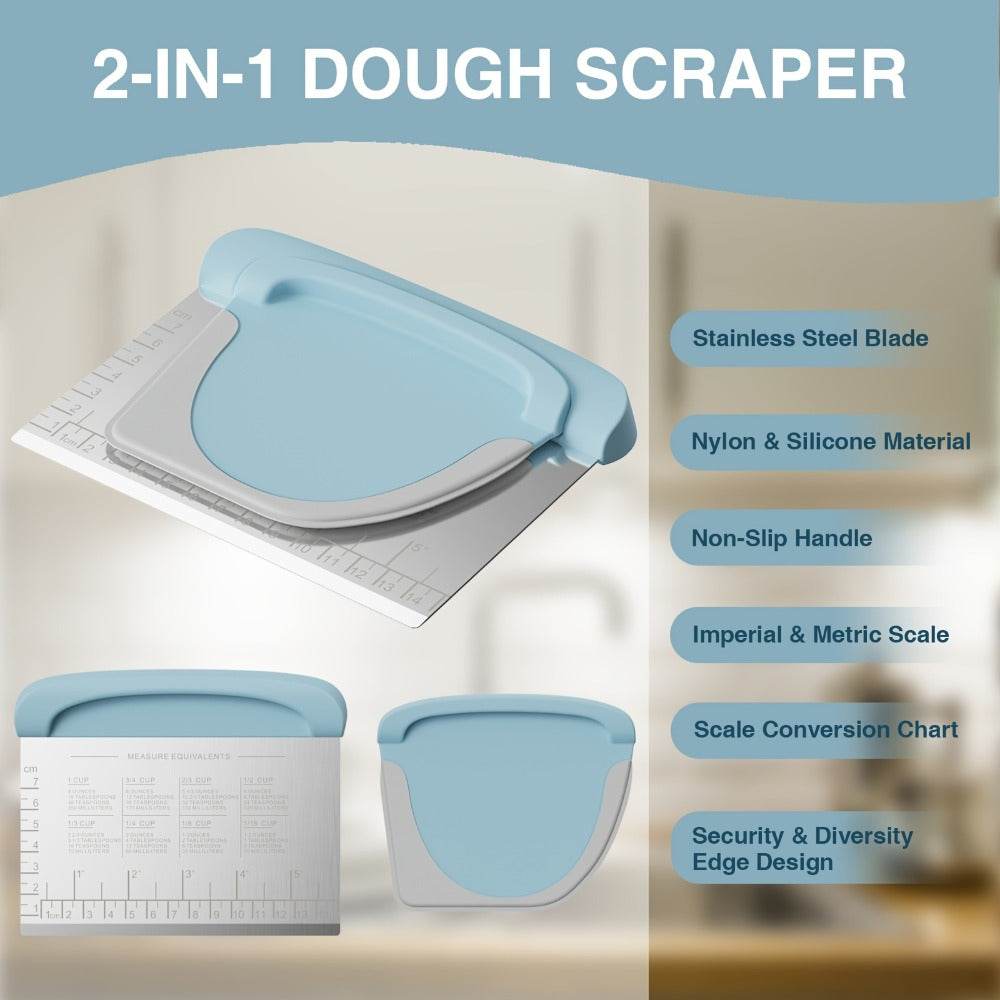 Dough Scraper Bench Scraper - Stainless Steel Dough Cutter with Silicone Handle & Measuring Scale, Multipurpose Pastry Scraper Pizza Spatula Baking Tool, Kitchen Gadget Gift, Blue Grey