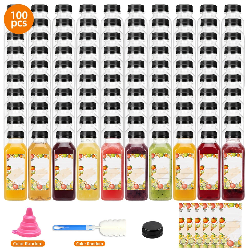 Plastic Juice Bottles with Lids - Clear Reusable Drink Containers for Juice Smoothies Water and Beverages, Available in 12oz and 16oz in Sets of 20, 36, 56 or 100, Includes Funnel and Cleaning Brush