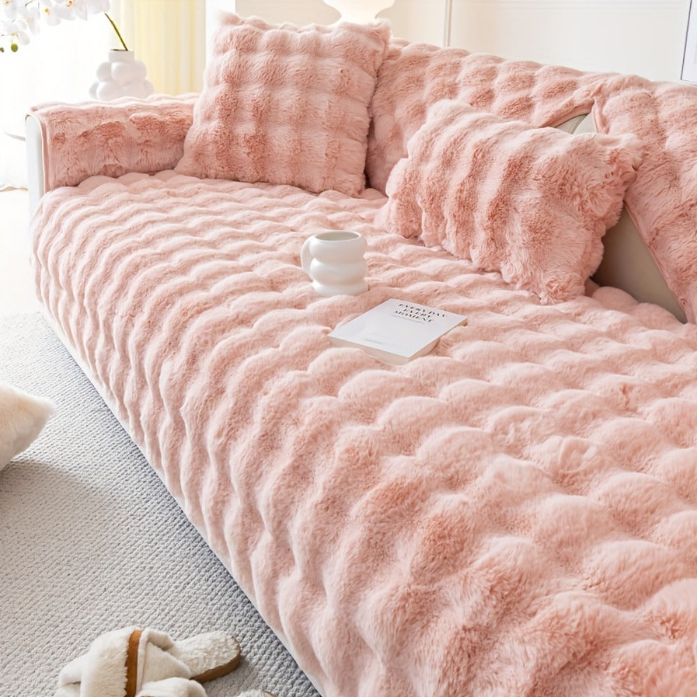 Faux Rabbit Plush Sofa Cover Winter Warm Thickened Anti-Slip Pet Friendly Cushion Protector for Living Room Bedroom Office 1 2 3 4 Seater