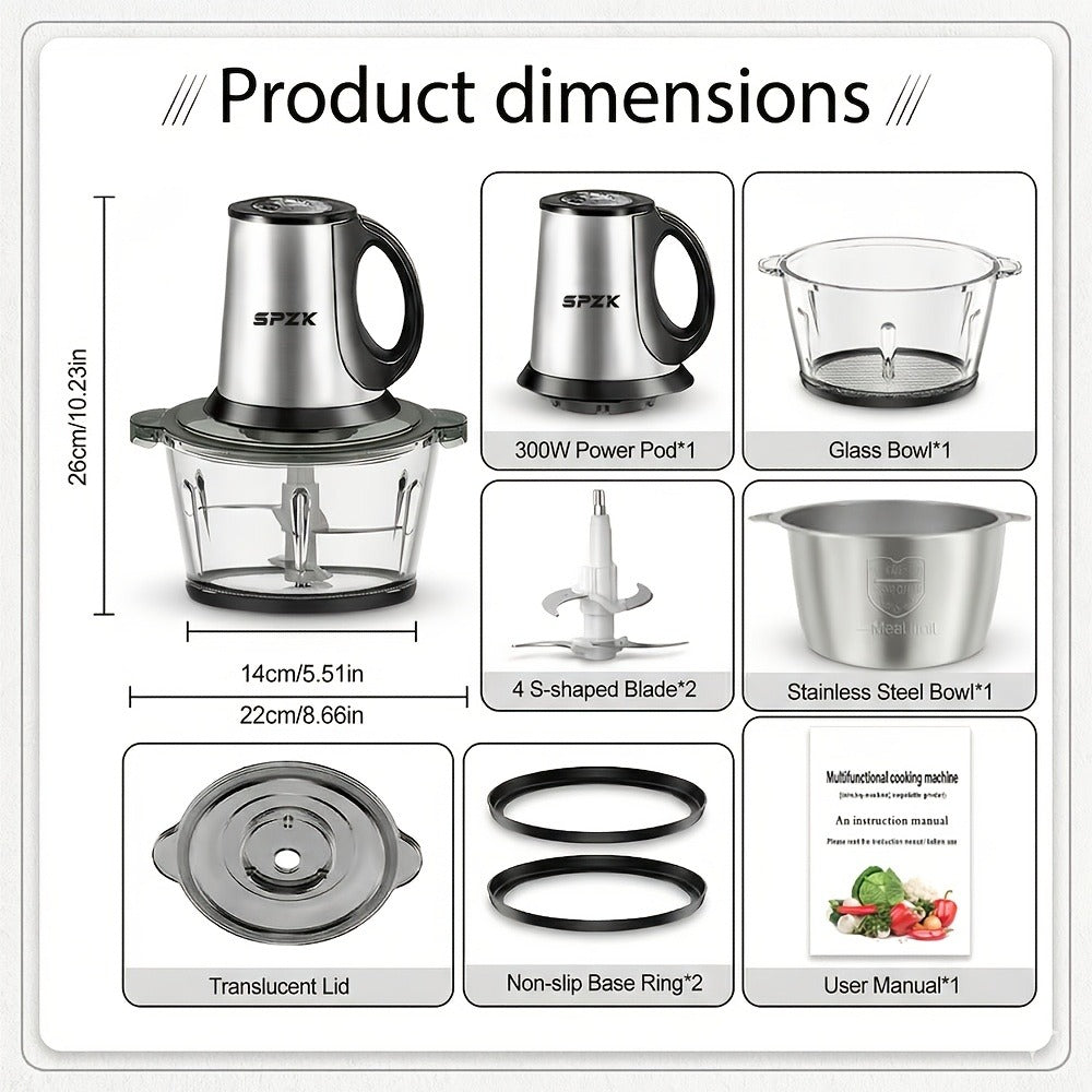Electric Food Chopper with 2 Bowls & 2 Blades ¨C Multi-Function Food Processor, Meat Grinder & Vegetable Chopper for Meats, Salads, Nuts, Garlic & More