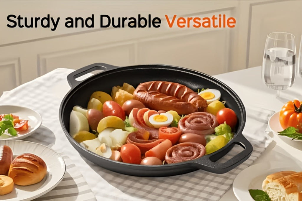 Cast Iron Skillet 11 Inch Pre-Seasoned Round Grill Pan with Dual Loop Handles ¨C Even Heating for Oven, Stovetop, Campfire & Grill | Heavy-Duty Kitchen Cookware for Pizza, Steak & More