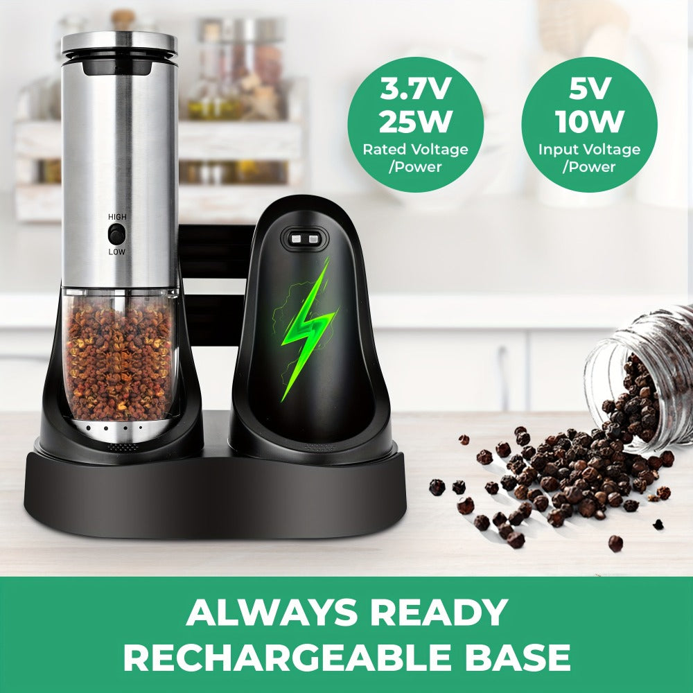 Electric Pepper Grinder Set USB-C Rechargeable with LED Light Ceramic Core Adjustable Coarseness One-Hand Automatic Salt Pepper Mill Kitchen Gift for Home Cooking Camping BBQ