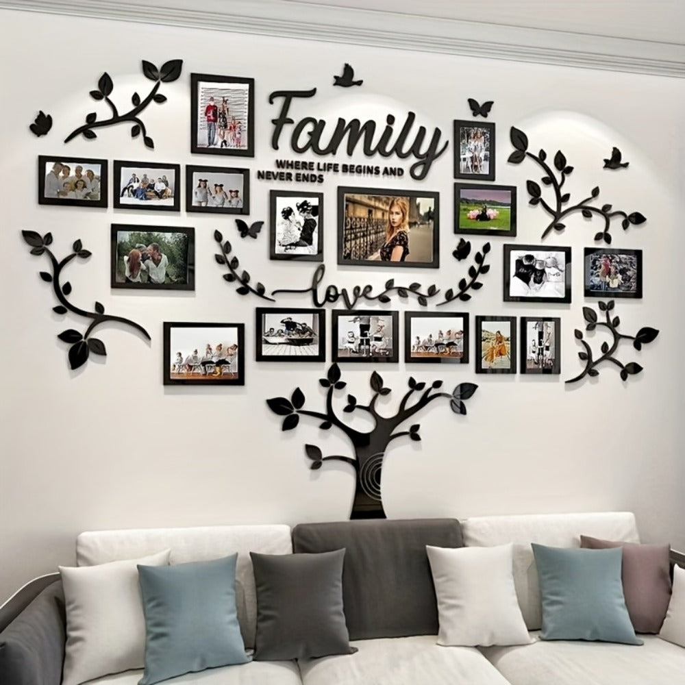 Family Tree Wall Sticker 3D Acrylic Photo Frame Collage ¨C Removable Leaf-Shaped Picture Display with ¡±Family¡± & ¡±Love¡± Text, Peel & Stick Living Room Wall Decor, 81.5 x 57.48 Inches