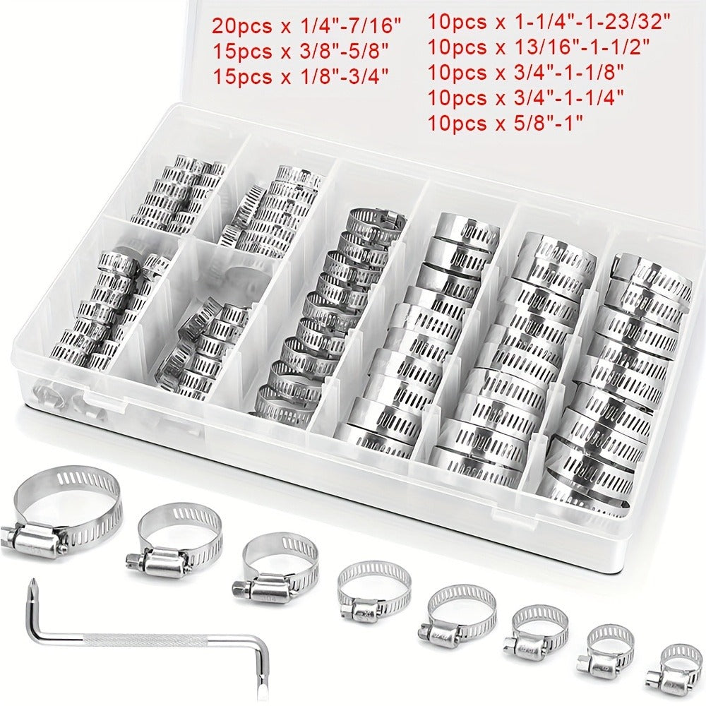 Stainless Steel Hose Clamps 100-Pack Assortment Kit - Multiple Universal Sizes Adjustable Hose Clips for Fuel Line Plumbing Automotive Garden Marine HVAC, Heavy Duty with Storage Case, Silver