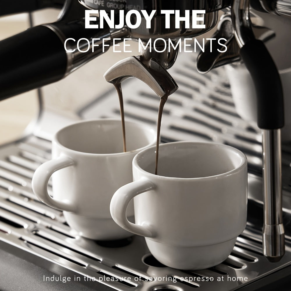 Espresso Cups Set of 6 with Saucers, Spoons & Metal Stand, 4oz Stackable Ceramic Cappuccino Mugs for Double Espresso, Lungo & Afternoon Tea ¨C Matte Black & Matte White