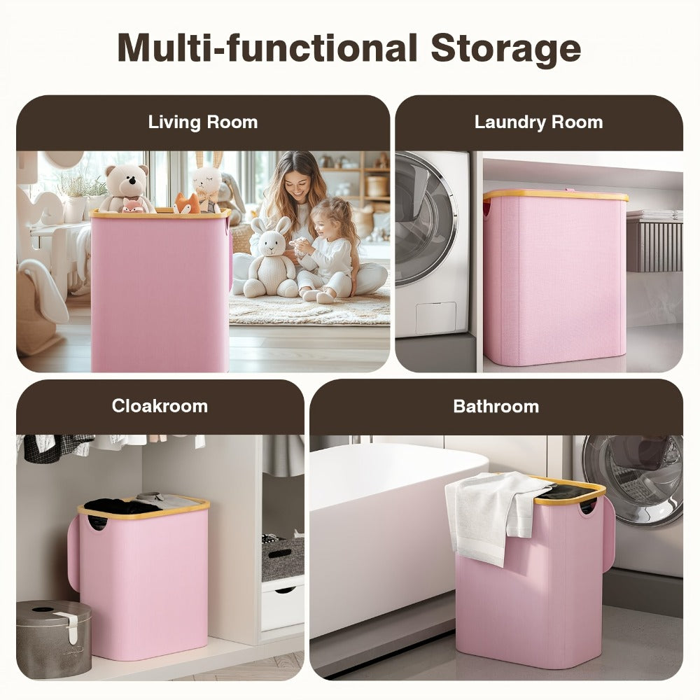 Laundry Hamper with Lid - 145L Extra Large 3-Section Fabric Sorter with Removable Washable Bags & Bamboo Handles, Pre-Sorting Labels, Pink Laundry Basket for Bedroom, Bathroom, Dorm & Home Organization