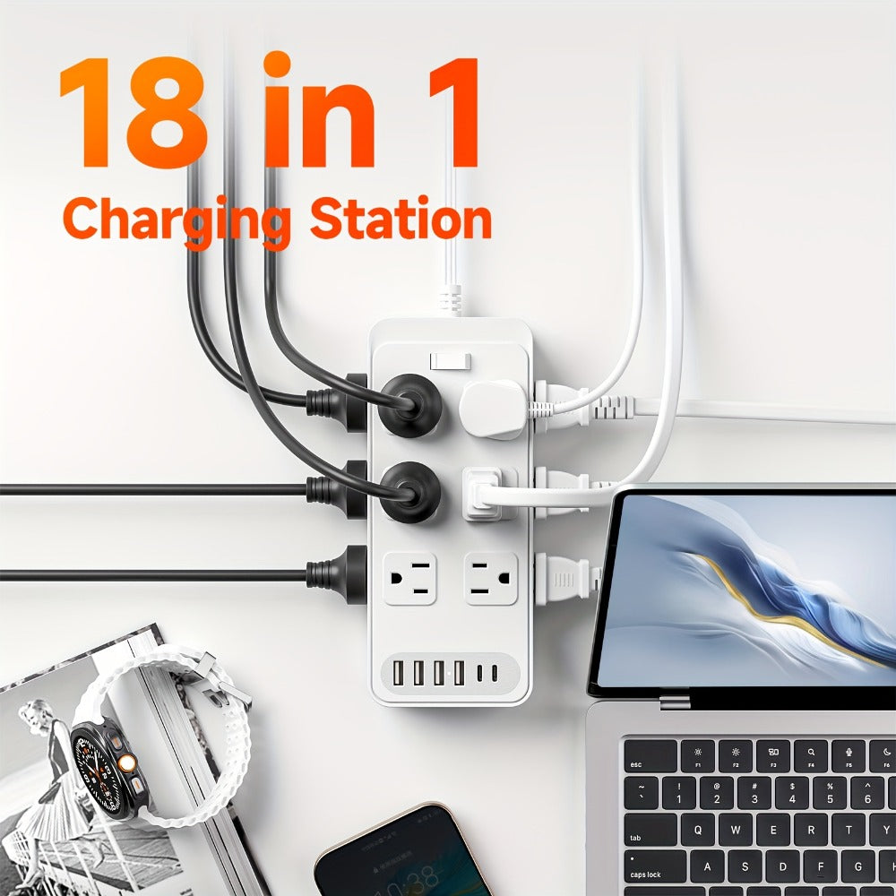 USB Extension Cord Power Strip 18-in-1 with 12 AC Outlets 6 USB Ports Surge Protector Overload Protection Switch 5FT 10FT for Home Kitchen Office Travel Accessories Black White
