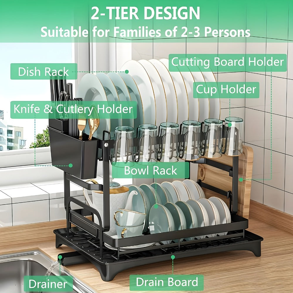 Two-Tier Dish Drying Rack with Drainboard - Metal Kitchen Dish Holder with Drainage for Countertop, Two-Level Dish Drainer for Plates, Cups & Utensils, Single or Double Layer, Black White Gray