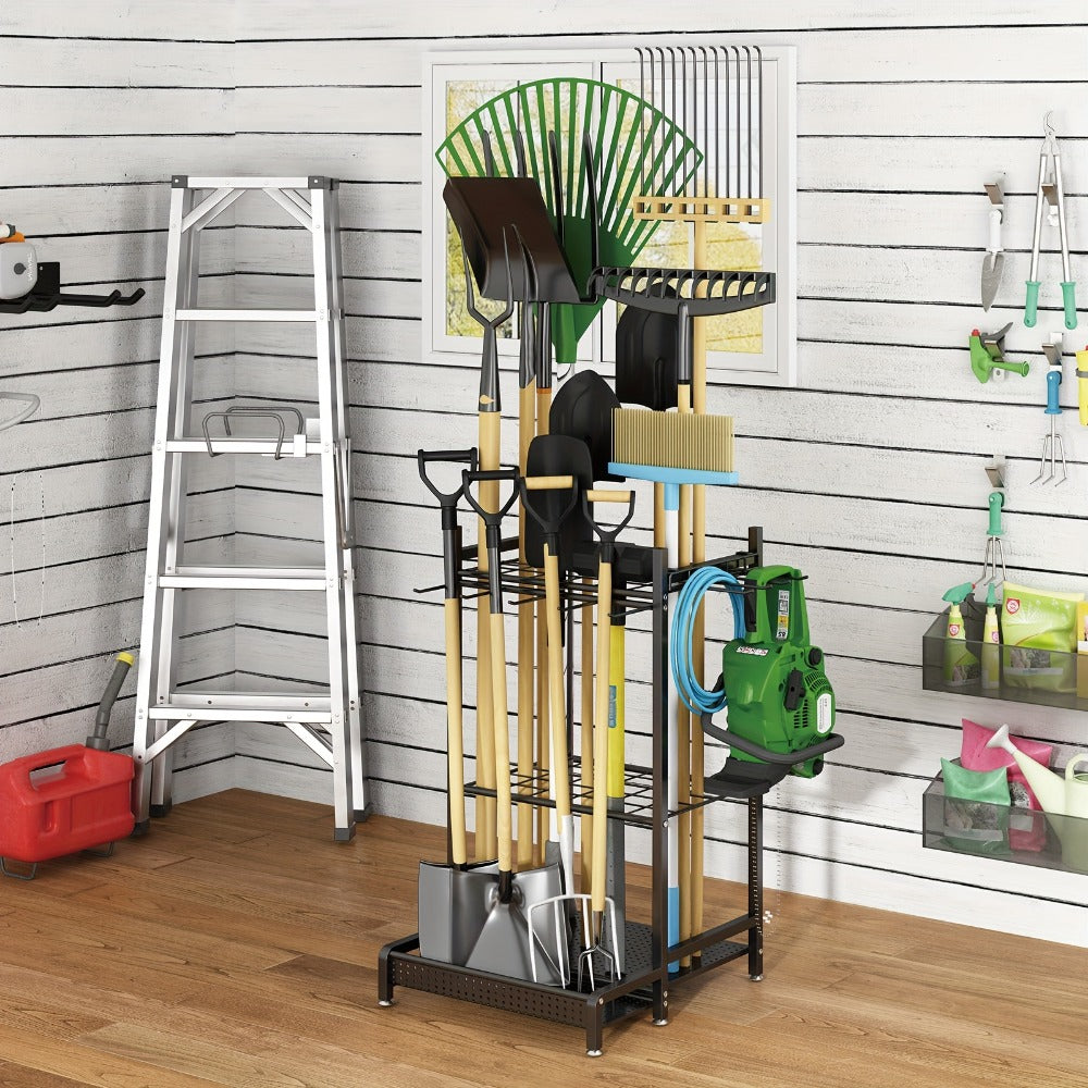 Garden Tool Organizer for Garage ¨C Metal Yard Tool Storage Rack with Hooks & Wheels for Long-Handled Tools, Broom, Shovel, Rake, Mop ¨C Heavy Duty Freestanding Tool Stand Holder, Black