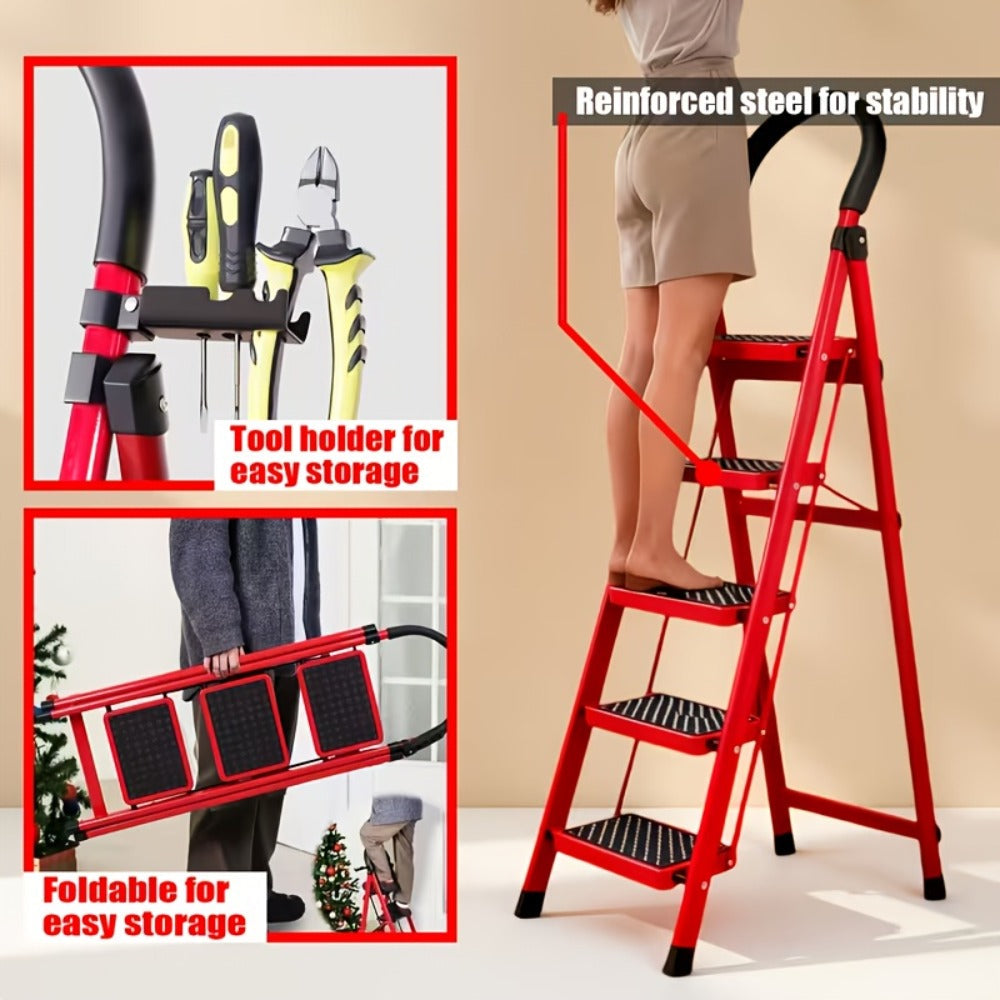 Folding Step Stool Ladder 500lbs Heavy Duty Steel with Anti-Slip Wide Treads & Handrails ¨C Safety Lock, Portable Multi-Step Ladder for Home, Kitchen & Outdoor Use, Mini / Medium / Large