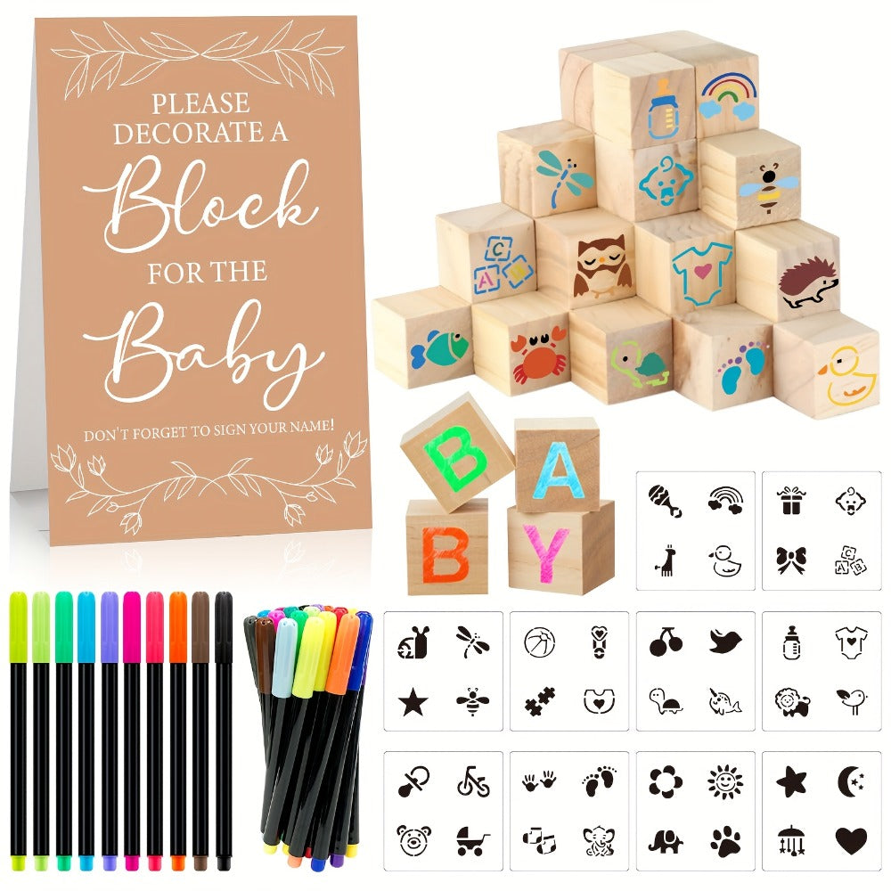 Wooden Block Stacking Game Party Kit 51pcs 30pcs ¨C Baby Shower Tumbling Tower Decoration Sign Set Classic Flower Greenery Fox Bear Style No Electricity