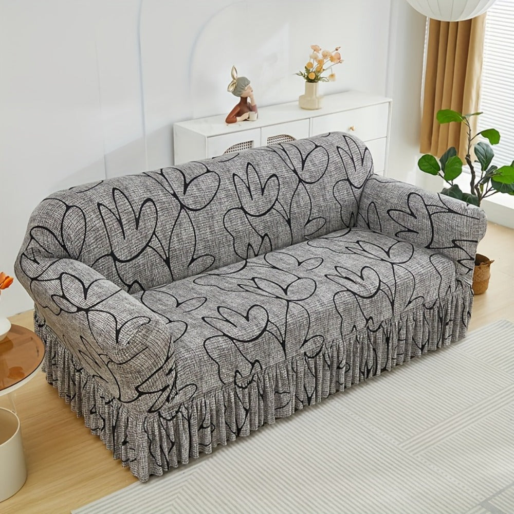 Printed Sofa Cover with Skirt Elastic Four Seasons Universal Furniture Protective Slipcover for Bedroom Office Living Room - 1 2 3 4 Seater Gray
