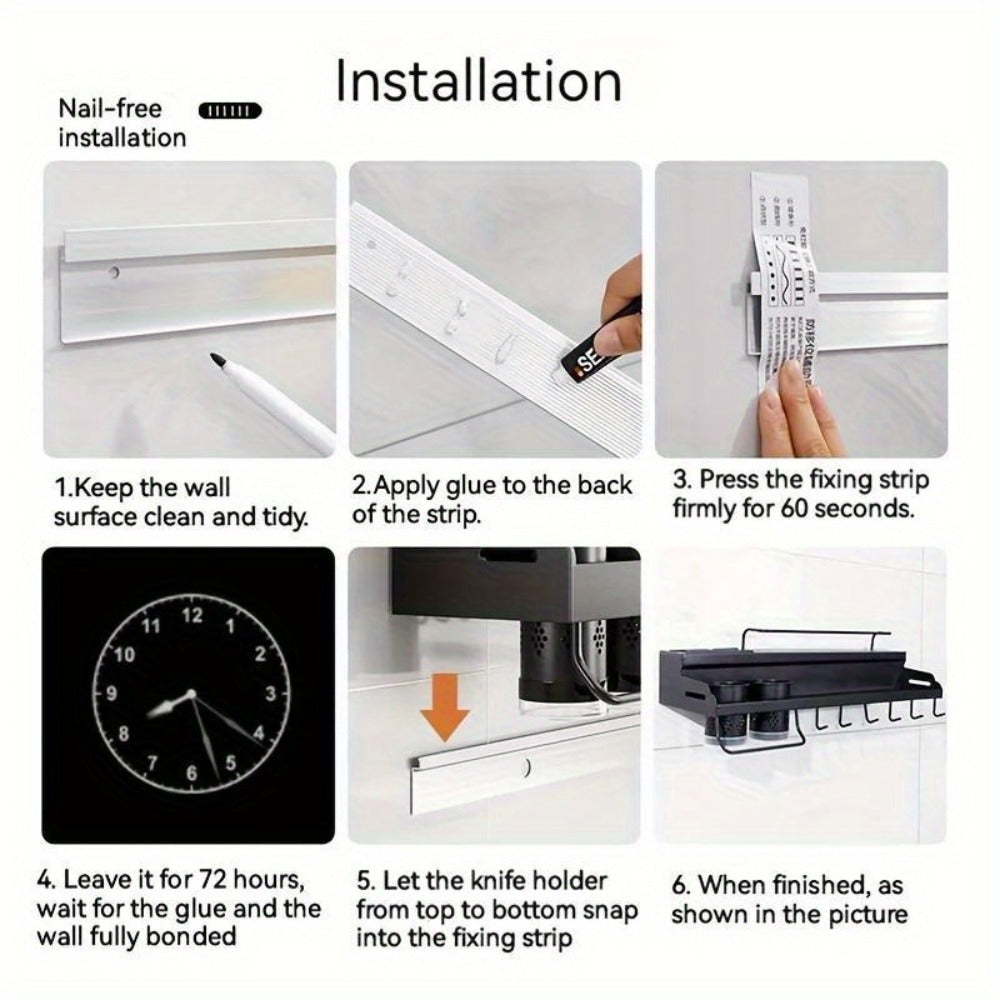Kitchen Wall Mounted Storage Rack Double Layer ¨C No-Drill Organizer with Knife Slots, Chopstick Holder & Towel Bar, Space-Saving Floating Shelf for Kitchen Counter, 19.69 Inch (Black)