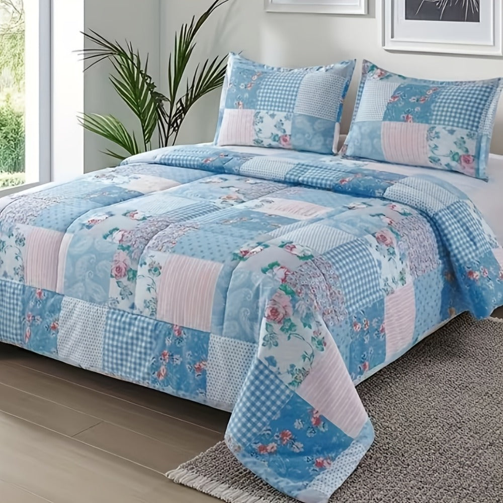 Floral Duvet Cover Set 3 Piece - Zipper Closure Patchwork Comforter Cover with 2 Pillowcases, All-Season Lightweight Kids Bedding Set, Pastoral Flower Plaid Print, Twin Full Queen King