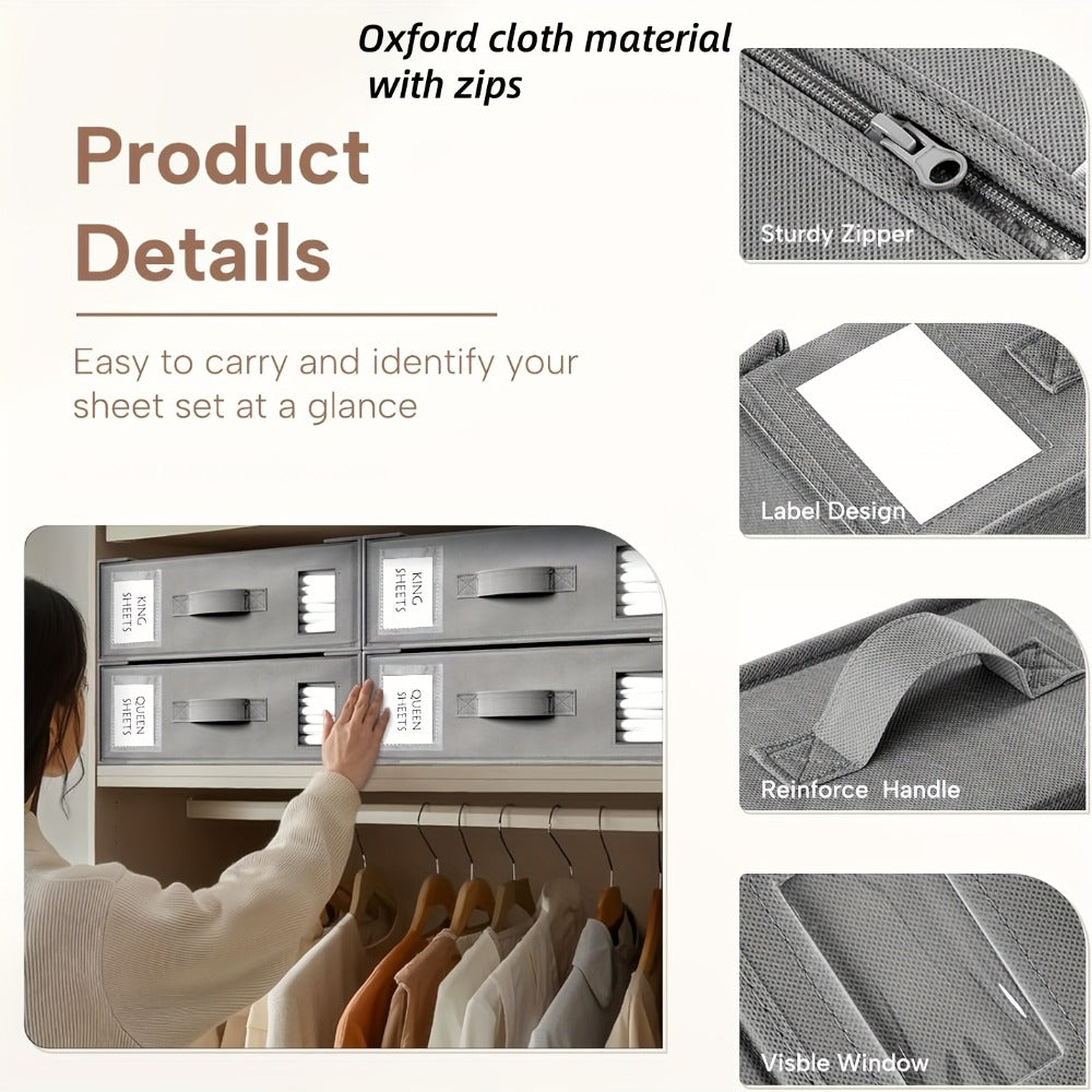 Bed Sheet Storage Organizer Boxes 4-Pack Foldable Fabric Bins with Clear Window & Label, Closet Bedding Storage Box for Sheets Duvet Covers Blankets Pillowcases, Oxford or Non-Woven, Grey Beige