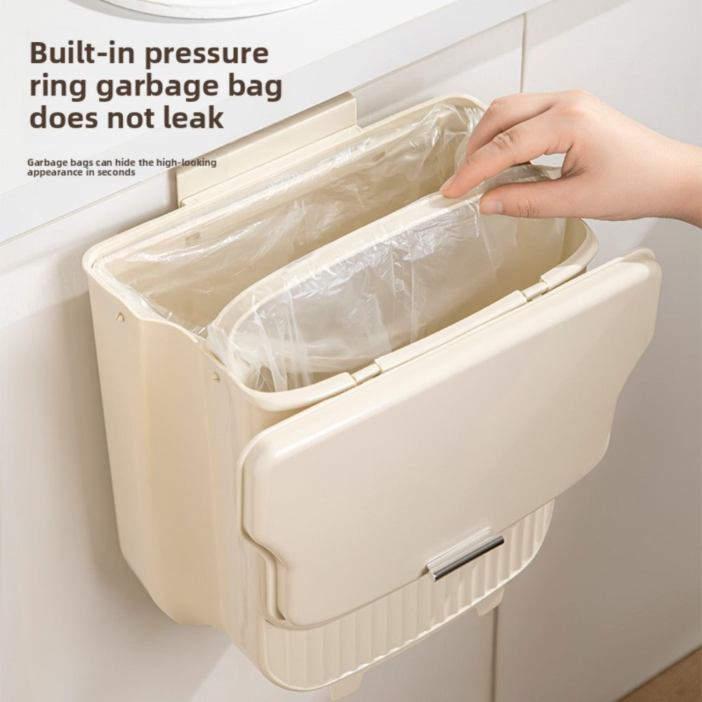 Collapsible Trash Can with Lid Wall Mounted Cabinet Door Hanging Waste Bin 1.85 Gallon Kitchen Bathroom Odor Control Space Saving Garbage Can