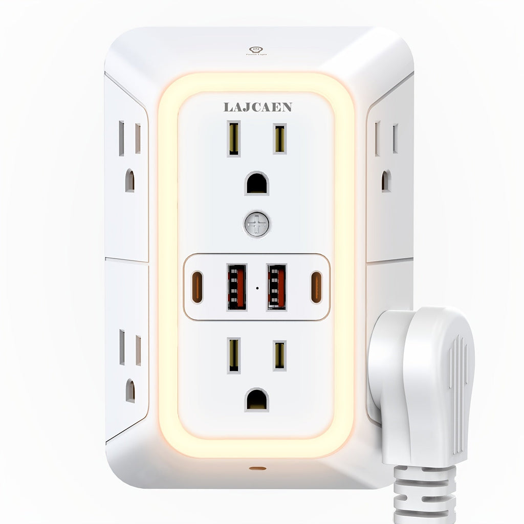 Outlet Splitter Wall Expander 10-in-1 with 6 AC Outlets 2 USB-A 2 USB-C Ports 3-Sided Plug Extender Surge Protector Night Light Compact Space-Saving Design for Home Dorm Apartment Office