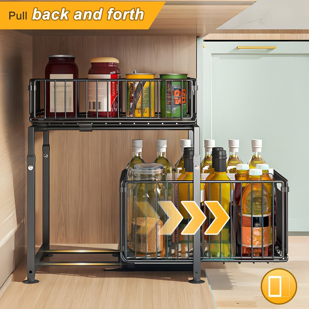 2-Tier Pull Out Cabinet Organizer No Drill Slide Out Shelf Kitchen Pantry Storage Roll Out Drawer Black