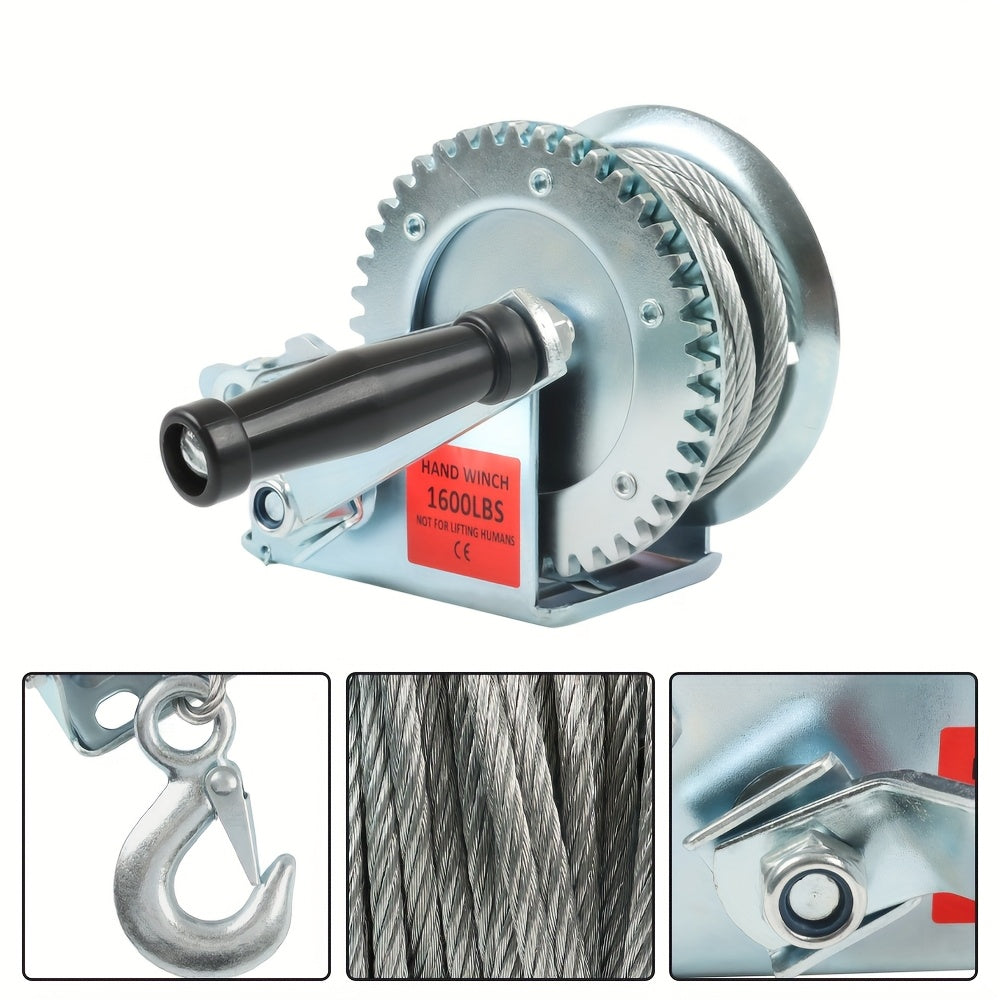 Manual Hand Winch Heavy Duty Carbon Steel 800-1600 lbs - Double Brake Safety System, Strap Winch with Mooring Hook & Safety Pawl, for Boat, ATV, Trailer, Farm, Garage & Industrial Pulling Tasks