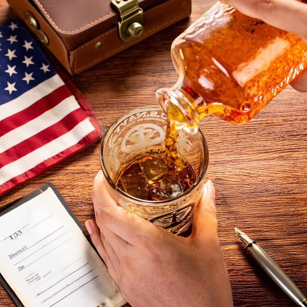 Engraved Veteran Tribute Whiskey Glass 10oz - US Navy Military Gift, Personalized Patriotic Whiskey Glasses for Dad, Military Vet Anniversary Gift