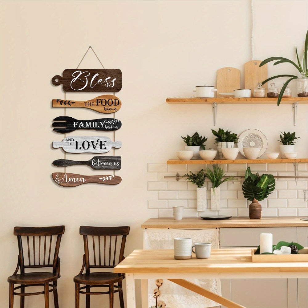 Farmhouse Wall Decor Wood Sign Set - ¡±Bless The Food Before Us¡± Rustic Kitchen Dining Room Hanging Plaque, 6-Piece Rope Wood Board Art, Housewarming Thanksgiving Gift for Home