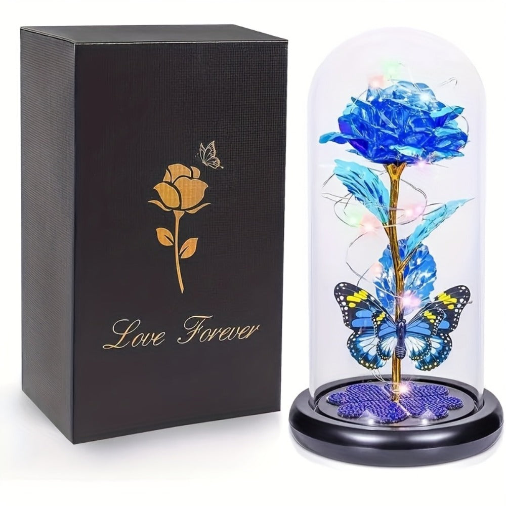 Glass Rose Crystal Flower in Glass Dome with LED Glow - Eternal Galaxy Rose Gift for Women, Mom, Wife, Daughter, Birthday Valentine's Day Mother's Day Gift, Butterfly Decor