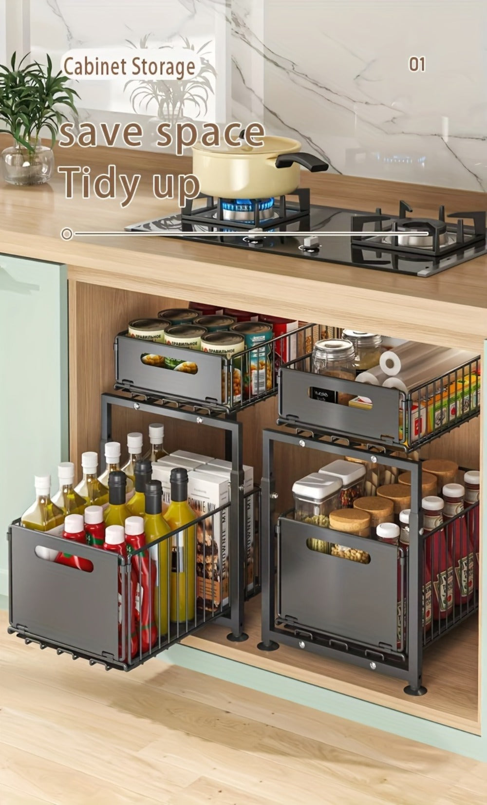 Under Sink Organizer 2-Tier Pull Out - Adjustable Height Carbon Steel Cabinet Storage Shelf for Kitchen and Bathroom, Space Saving Sliding Drawer Rack for Cleaning Supplies Pots and Toiletries, Heavy Duty Under Cabinet Organizer Available in 1 or 2 Pack