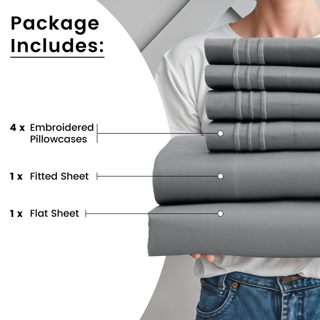 Fitted Sheet Set 6-Piece Brushed Polyester Deep Pocket Bed Sheets 20 Colors Hotel Luxury Soft Bedding with Embroidered Pillowcases