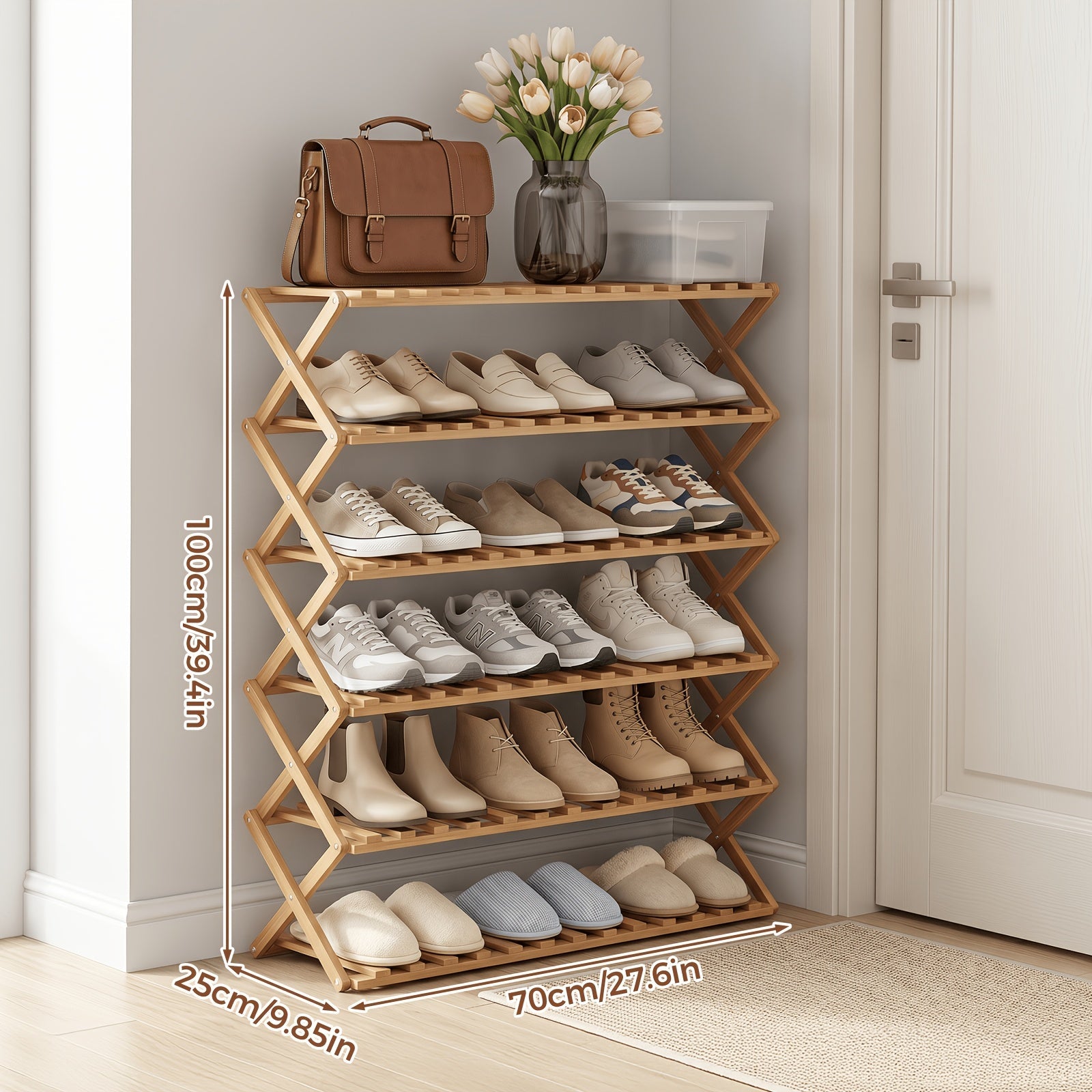 Bamboo Shoe Rack Foldable Multi-Tier ¨C Space-Saving Shoe Storage Shelf, Easy Assembly Standalone Organizer for Entryway, Hallway, Bedroom, Bathroom & Office ¨C 6 or 8 Tier Options
