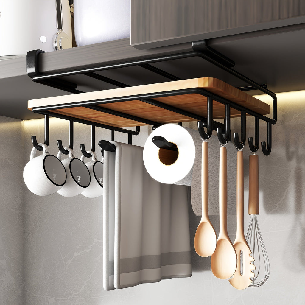 Under Cabinet Organizer Rack with Hooks ¨C Heavy Duty Carbon Steel Kitchen Shelf for Utensils, Towels, Cups & Cutting Boards ¨C No-Drill Door-Mount Space-Saving Kitchen Storage