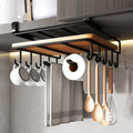 Under Cabinet Organizer Rack with Hooks ¨C Heavy Duty Carbon Steel Kitchen Shelf for Utensils, Towels, Cups & Cutting Boards ¨C No-Drill Door-Mount Space-Saving Kitchen Storage