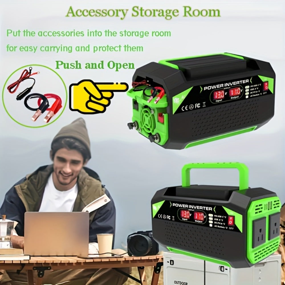 Power Inverter 500W/1000W DC 12V to AC 110V - Car Power Converter with LCD Display, 2 AC Outlets, 2 USB Ports & 2 Type-C, for Home, Car, RV, Camping & Outdoor Emergency Power
