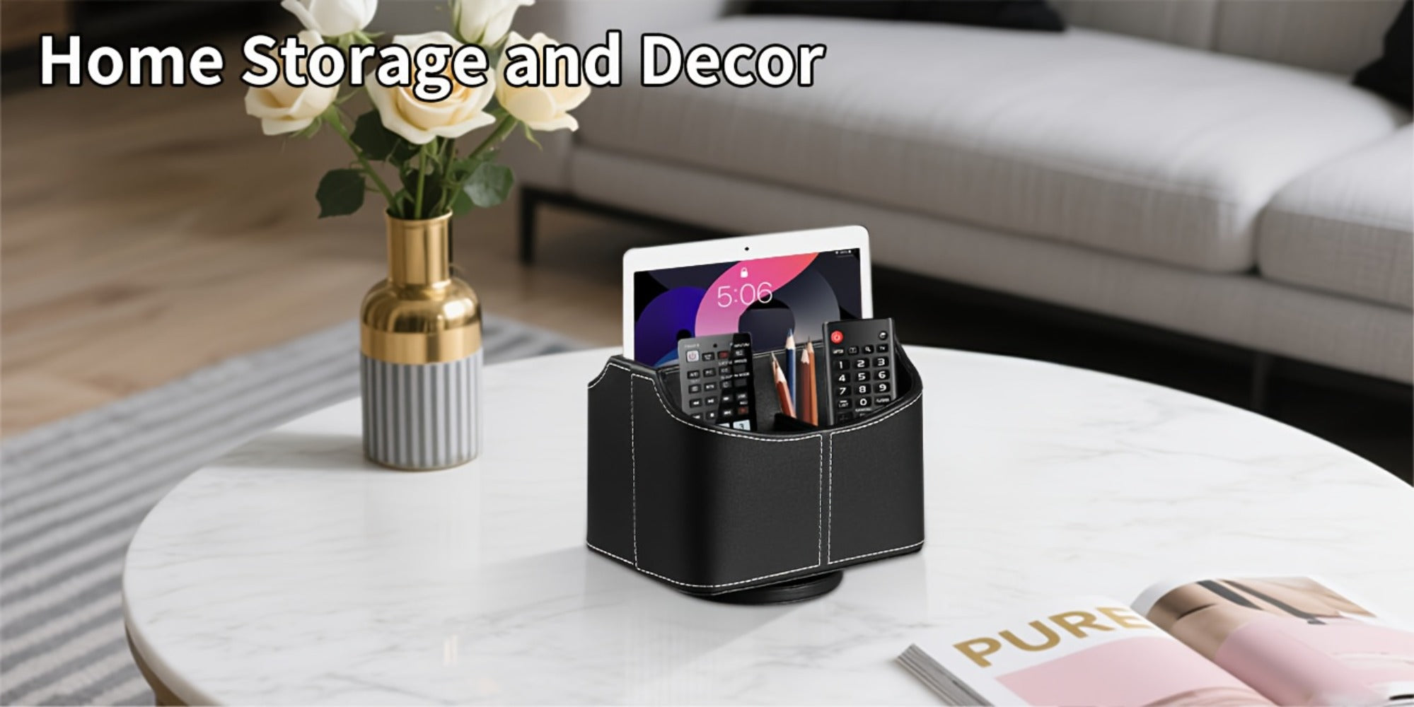 360¡ã Swivel Remote Control Holder with 5 Compartments ¨C PU Leather Desktop Organizer Caddy for TV Remotes, Phones, Glasses, Cosmetics & Stationery, Rotating Storage Box for Home Office Nightstand