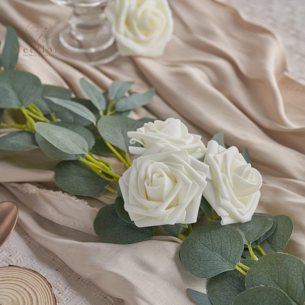 White Artificial Roses with Stem 50pcs ¨C Realistic Fake Silk Rose Flowers for Wedding Bouquets, Centerpieces, Home Decor & DIY Floral Arrangements