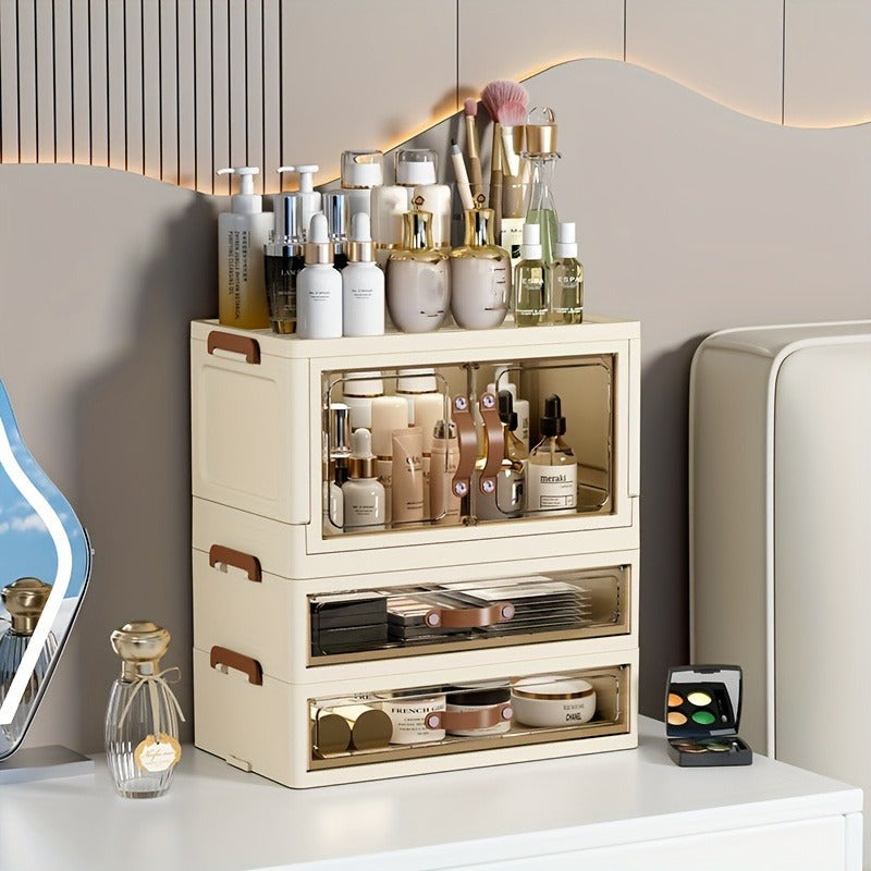 Makeup Storage Cabinet with Transparent Drawers, Stackable Cosmetic Organizer for Vanity, Foldable Plastic Skincare Storage Box, Retro White Gold Design, Desk Organizer for Bedroom Home