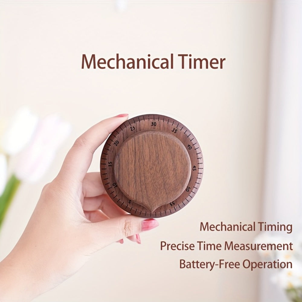 Mechanical Kitchen Timer with Loud Alarm - Black Walnut Wood Cooking Timer, 100% Battery-Free Desktop Timer for Cooking, Baking & Study