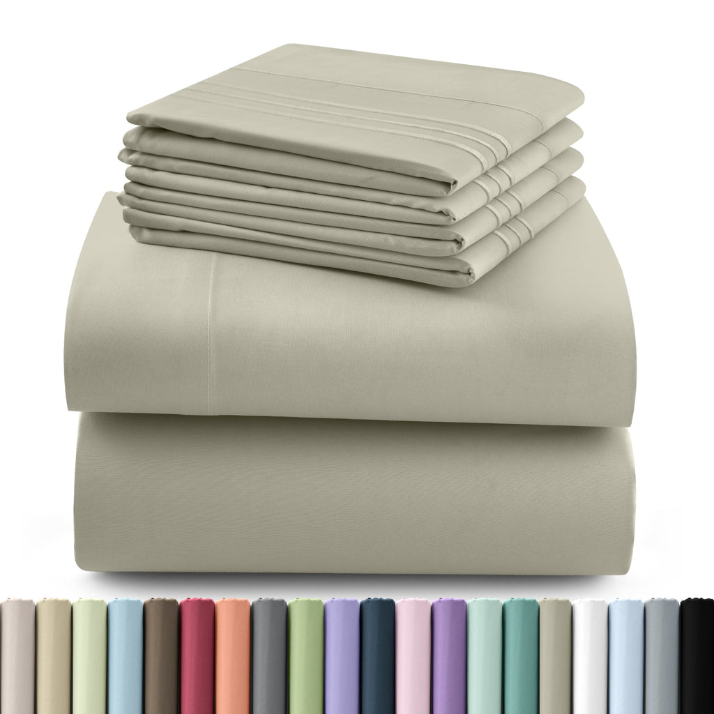 Fitted Sheet Set 6-Piece Brushed Polyester Deep Pocket Bed Sheets 20 Colors Hotel Luxury Soft Bedding with Embroidered Pillowcases