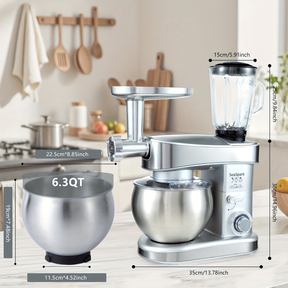 Stand Mixer 6-in-1 400W with 6.3QT Stainless Steel Bowl ¨C 6-Speed & Pulse Tilt-Head Kitchen Mixer with Dough Hook Beater Whisk Juicer Meat Grinder Noodle Press | Electric Food Mixer Black Red Purple Silver