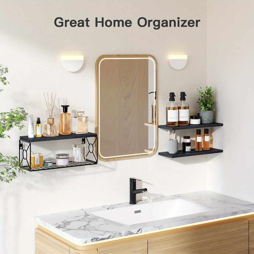 Floating Shelves Over Toilet 3-Piece Set | Farmhouse Bathroom Wall Mounted Storage Shelf for Toilet Paper, Towels & Decor ¨C Black, Brown, Burlywood