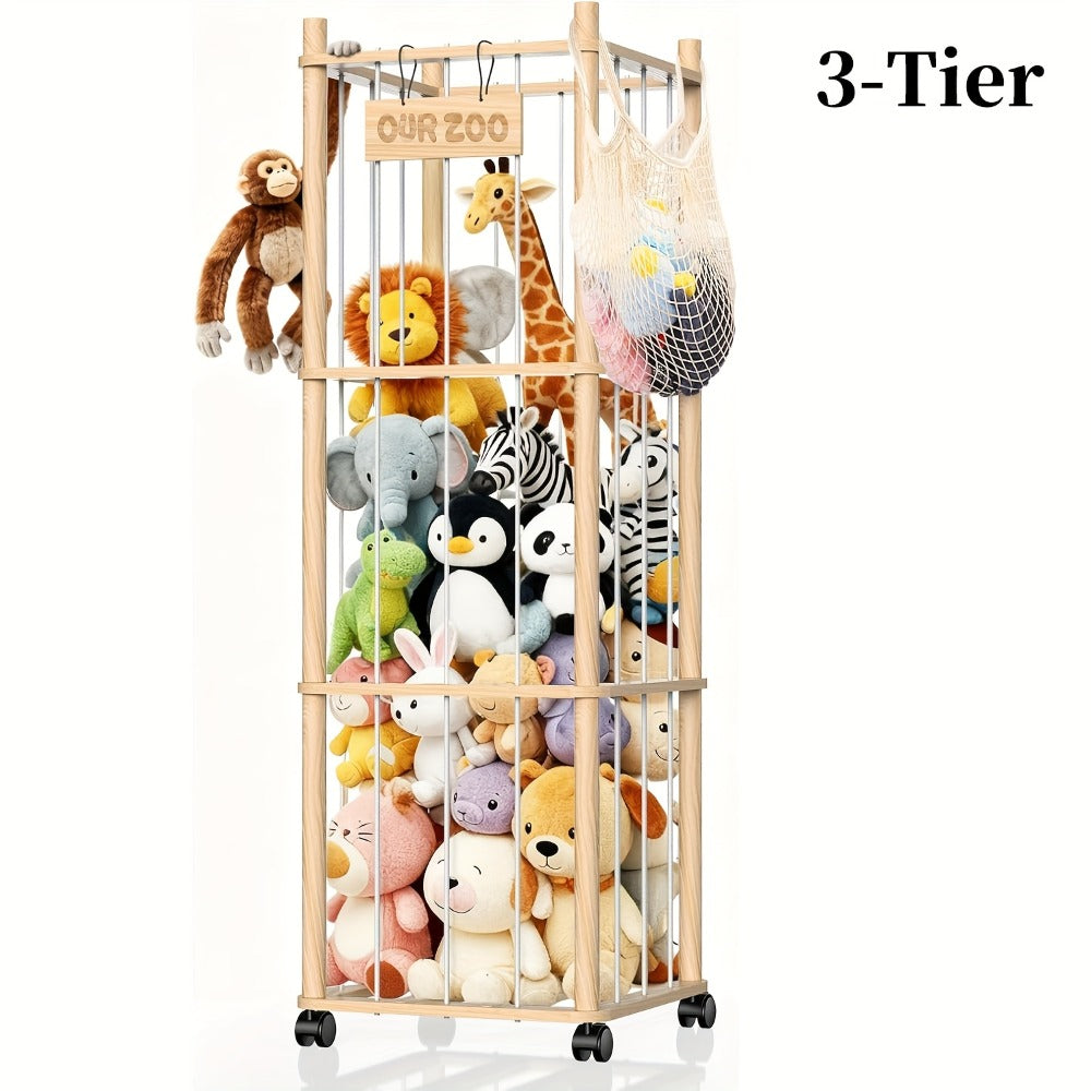 Stuffed Animal Storage Holder with Wheels Natural Pine Wood Plush Toy Organizer Zoo Rack - Large Capacity 2 or 3 Tier with Building Block Bag for Nursery Playroom Bedroom Space Saver