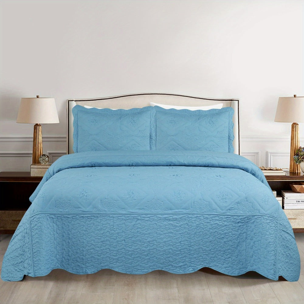 Quilt Set 3 Piece Floral Embroidery Bedspread - 100% Polyester Wrinkle Resistant Lightweight Quilted Coverlet with 2 Pillow Shams for Full Queen King Bed, Elegant Bedroom Decor in 19 Colors