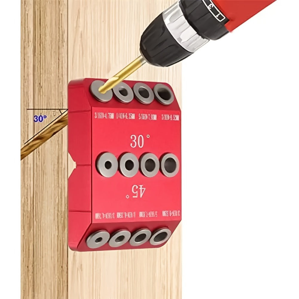 Multi-Angle Drill Guide Jig 30 45 90 Degree All-Metal for Cable Railing Lag Screw Installation Deck Stair Handrail Post Hole Drilling Precise Railing Setup Tool Red